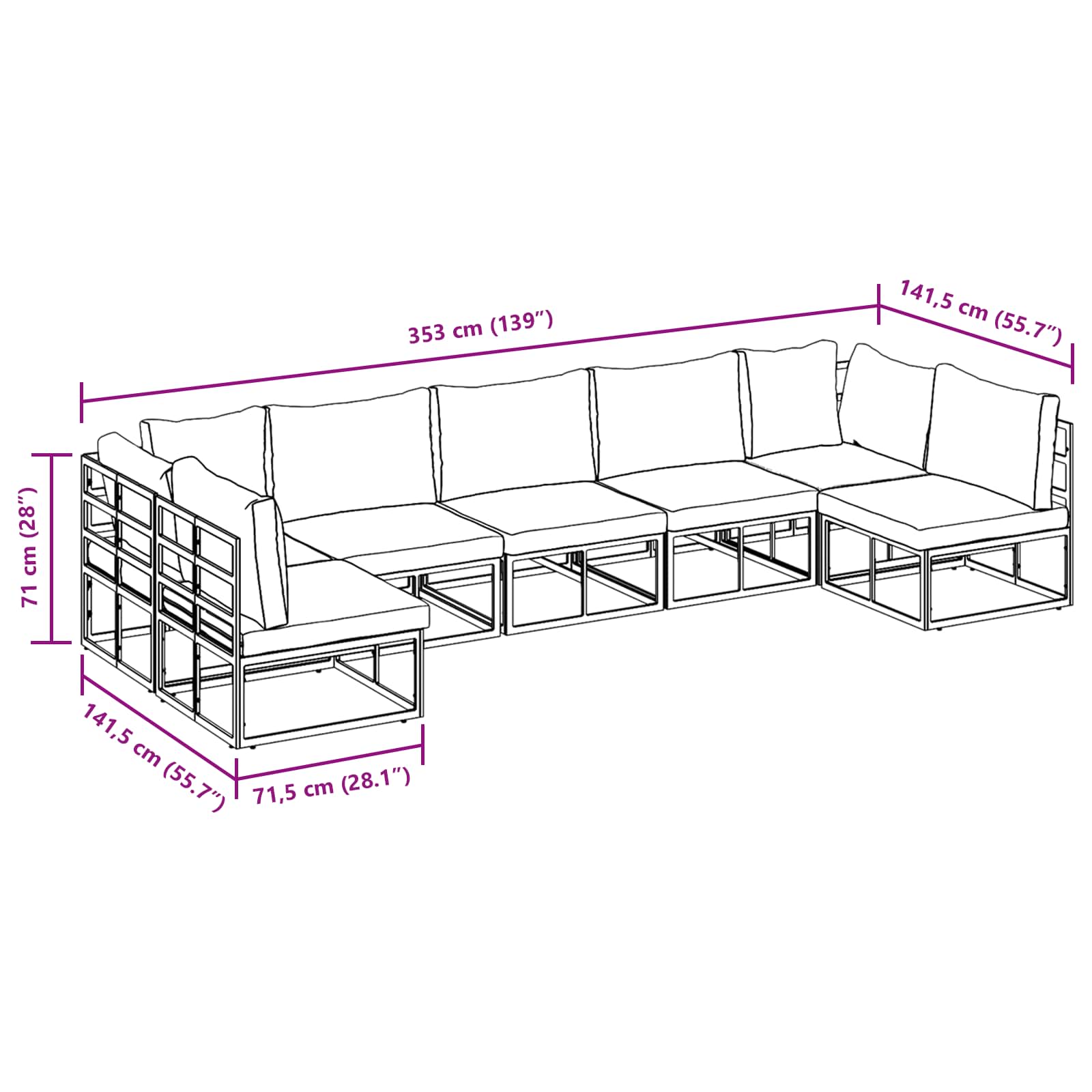 Gartensofa-set mit Kissen 7 pcs Schwarz Aluminium