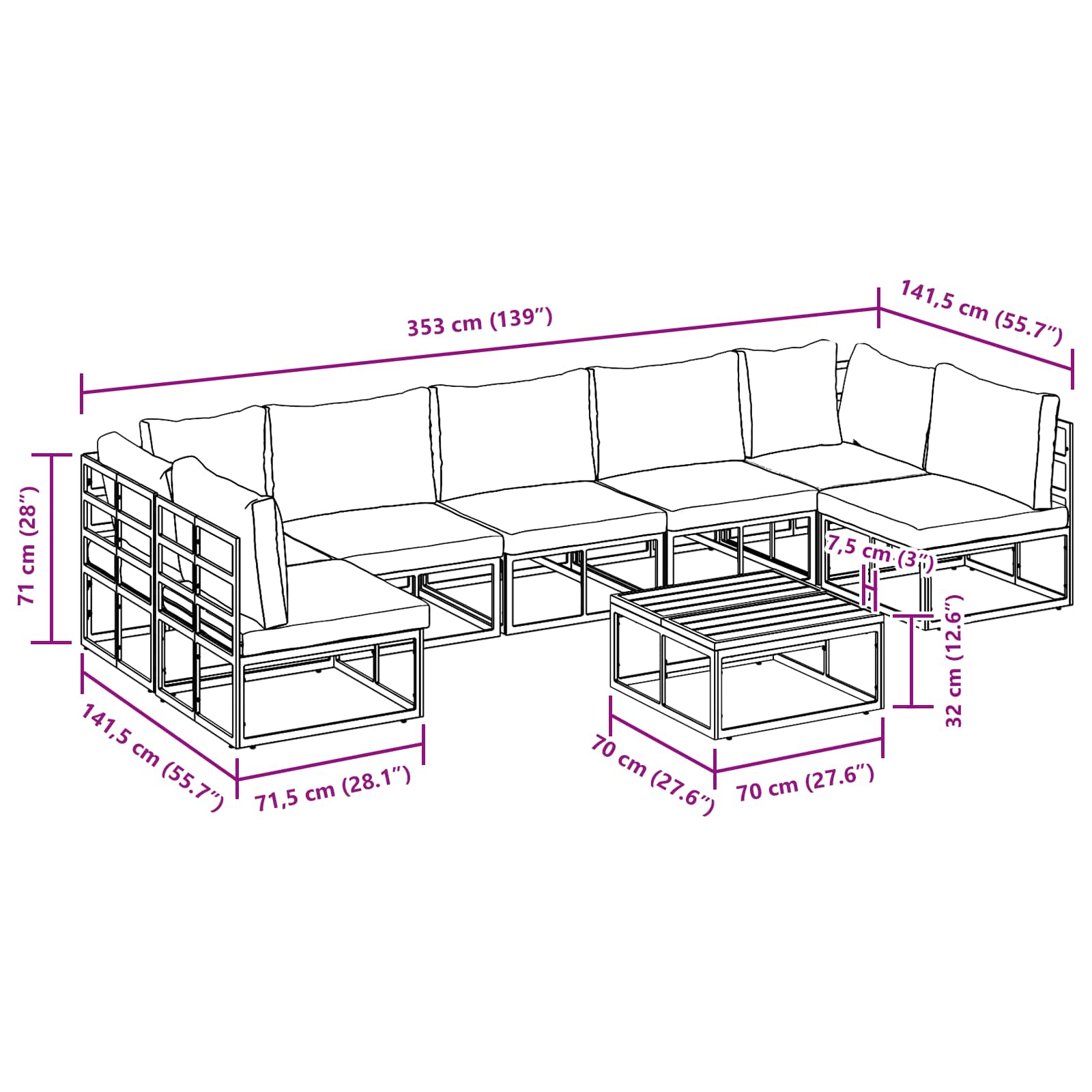Gartensofa-set mit Kissen 8 pcs Schwarz Aluminium