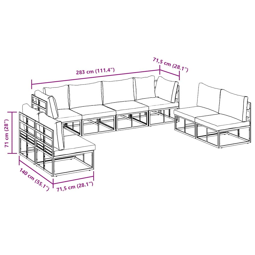 Gartensofa-set mit Kissen 8 pcs Schwarz Aluminium