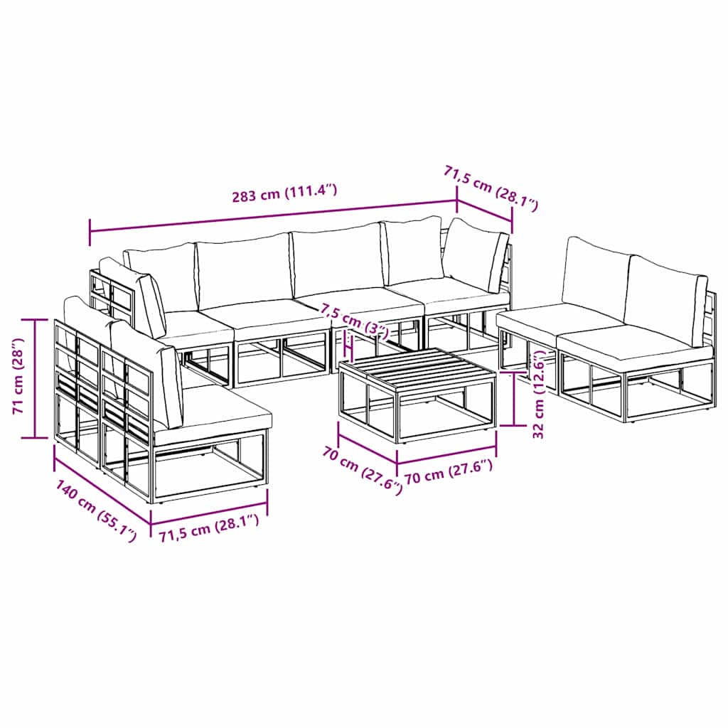 Gartensofa-set mit Kissen 9 pcs Schwarz Aluminium