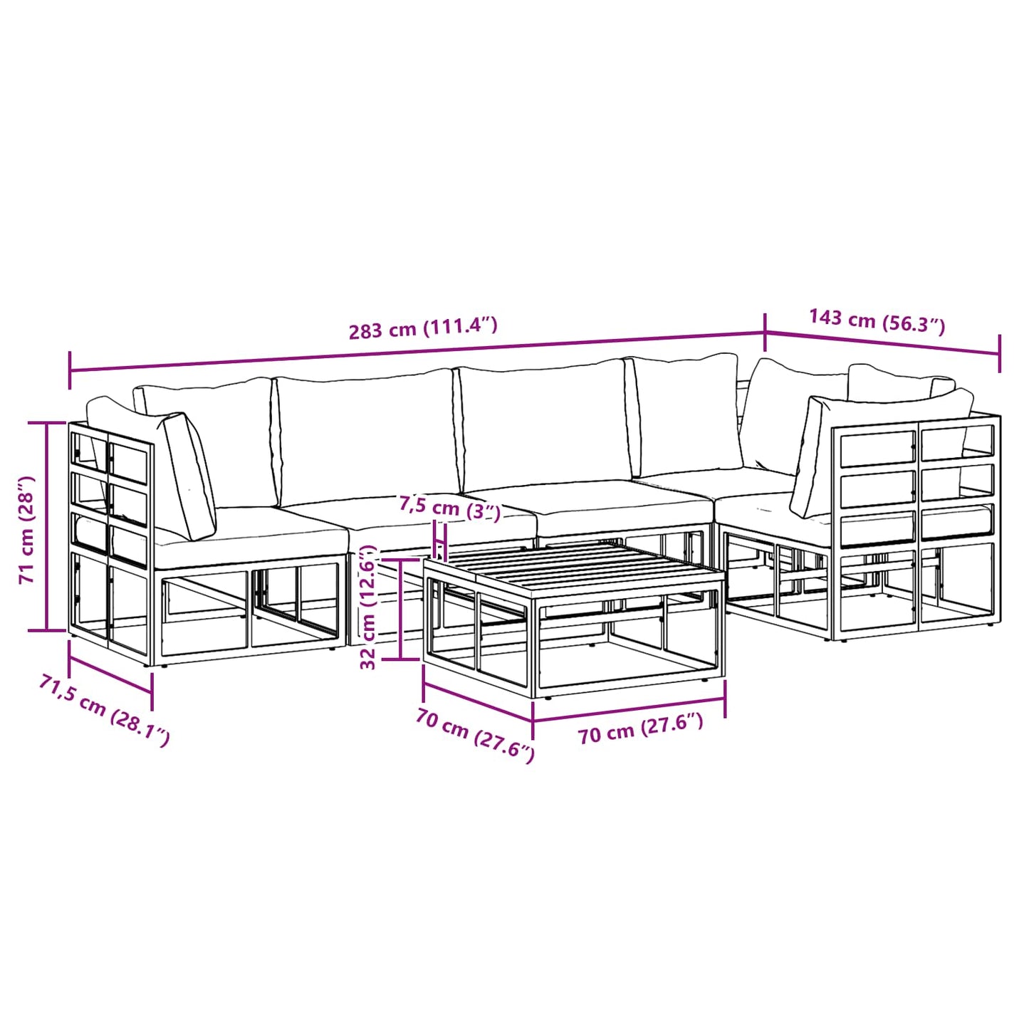 Gartensofa-set mit Kissen 6 pcs Schwarz Aluminium