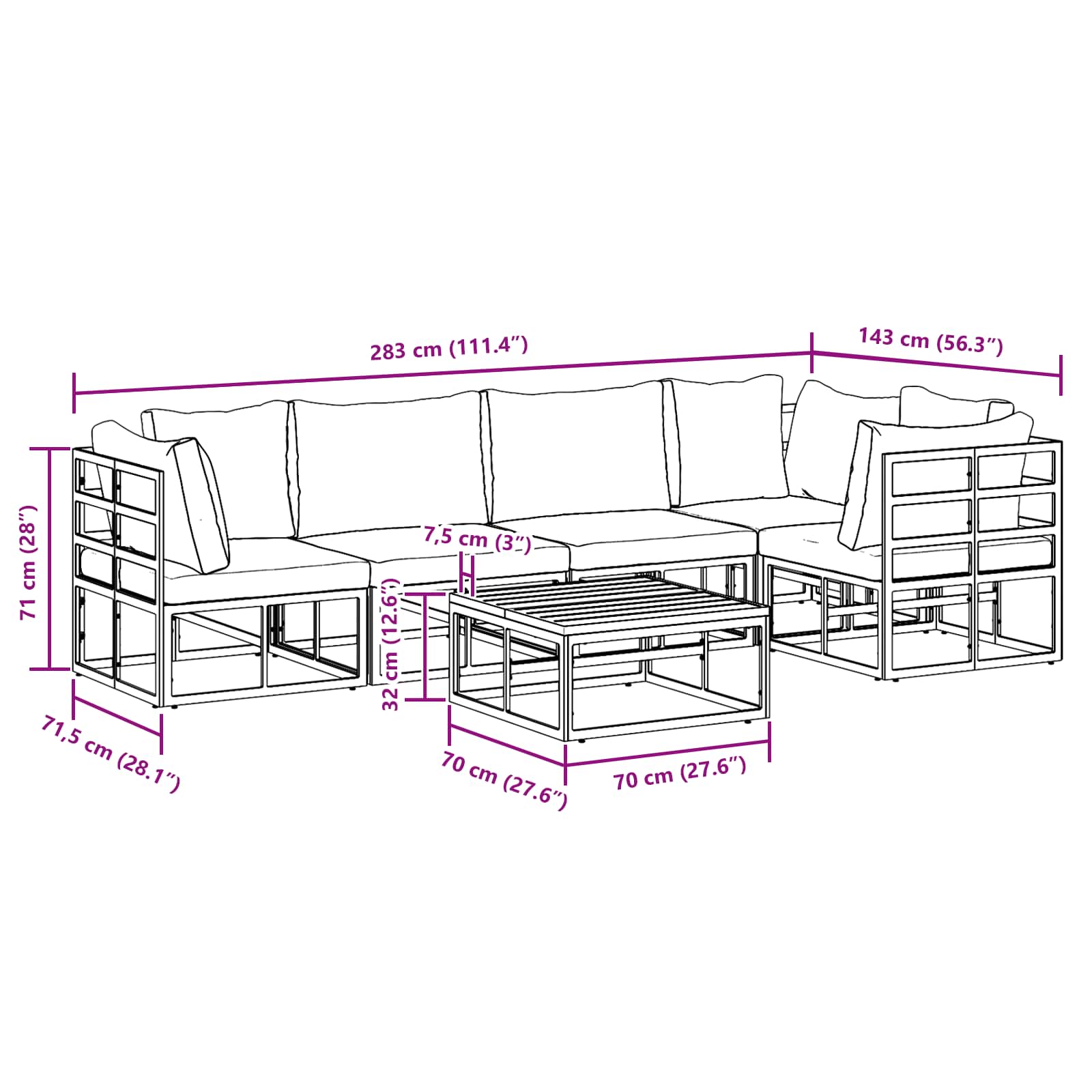 Gartensofa-set mit Kissen 6 pcs Schwarz Aluminium