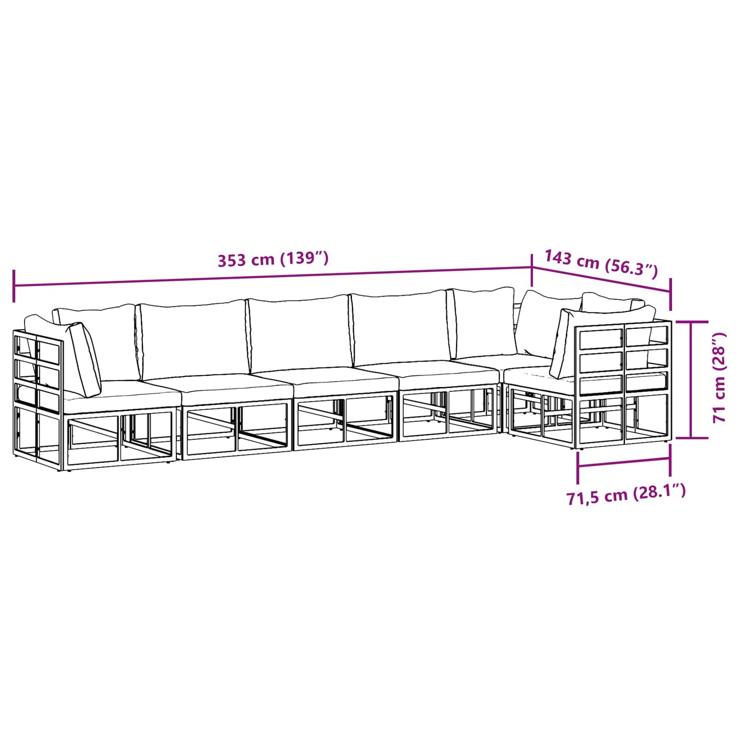 Gartensofa-set mit Kissen 6 pcs Schwarz Aluminium