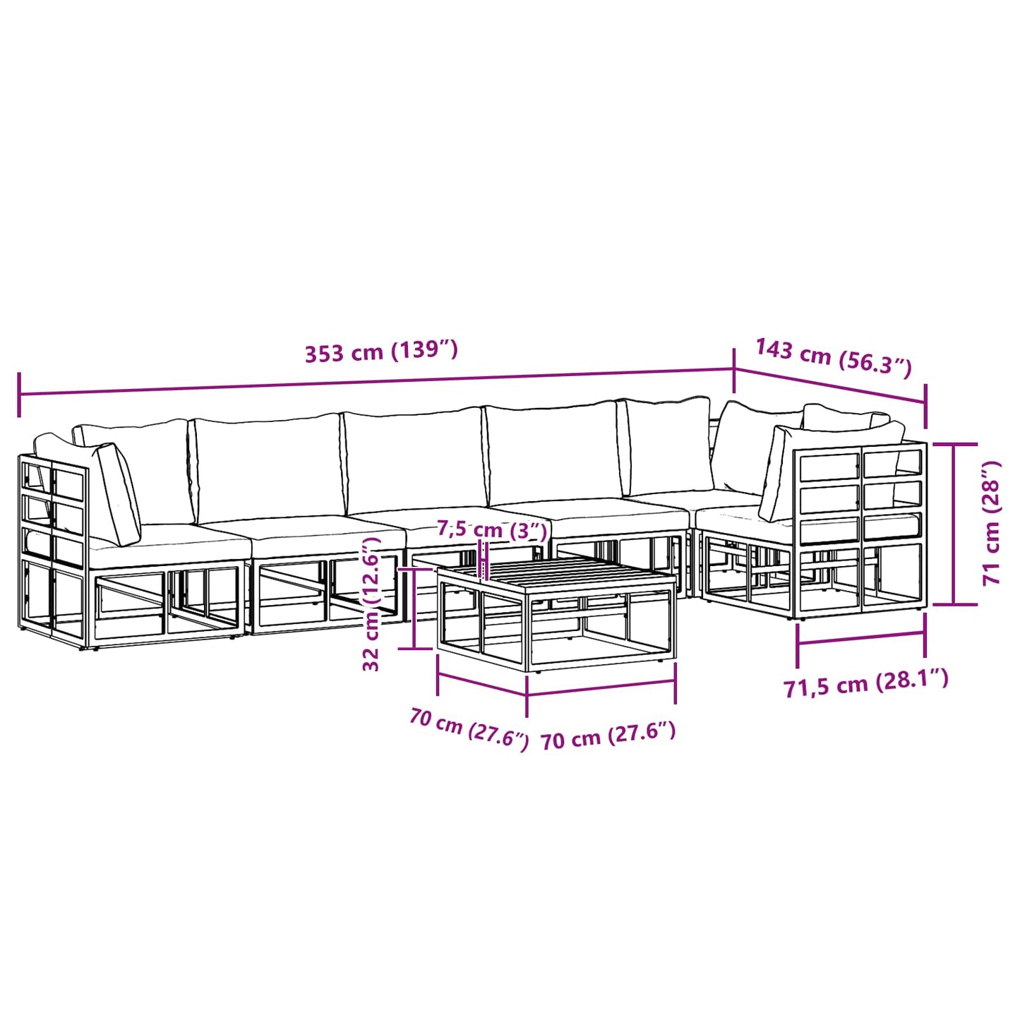 Gartensofa-set mit Kissen 7 pcs Schwarz Aluminium