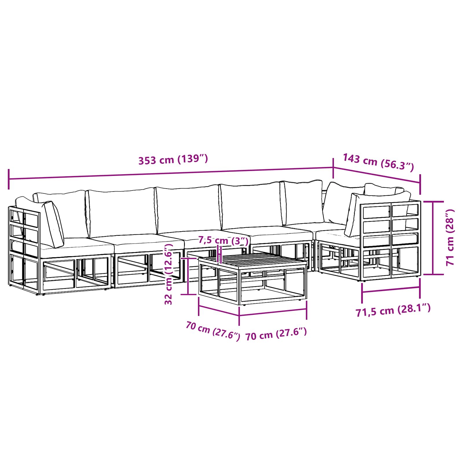 Gartensofa-set mit Kissen 7 pcs Schwarz Aluminium