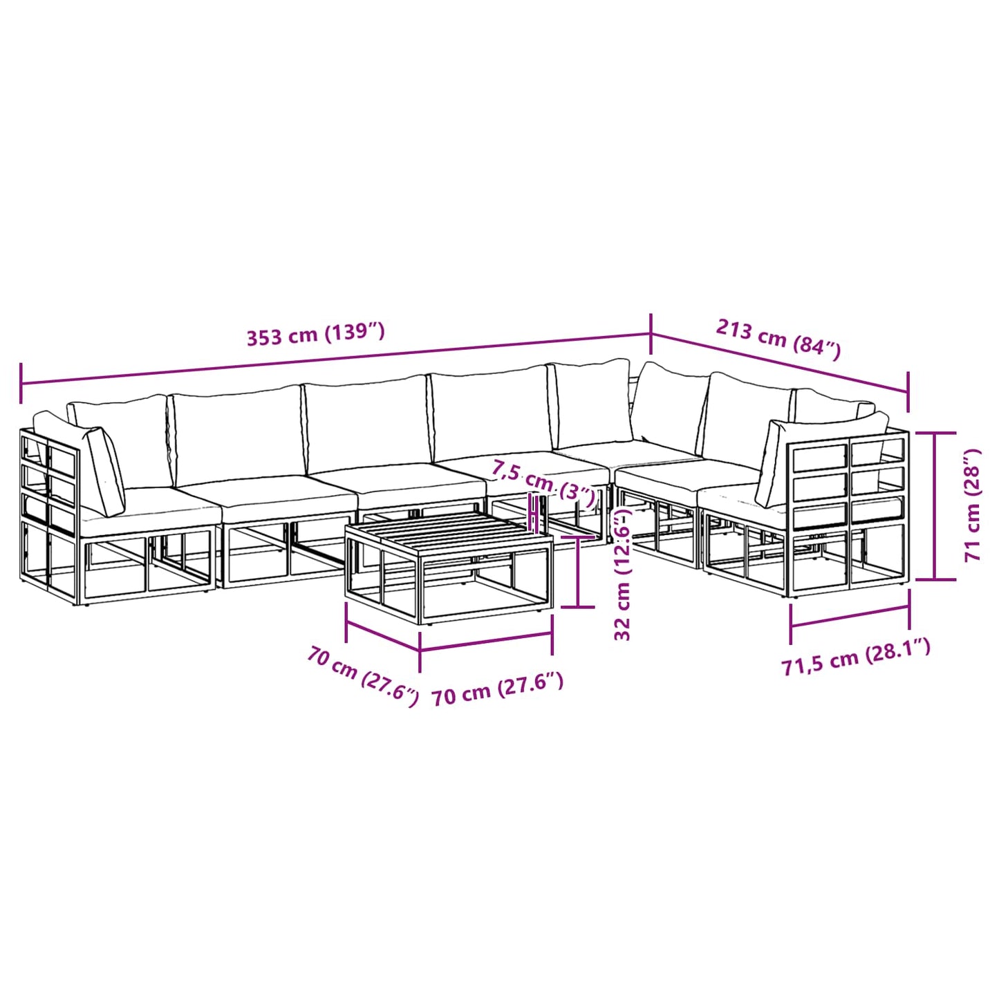 Gartensofa-set 8 stk. Schwarz Aluminium