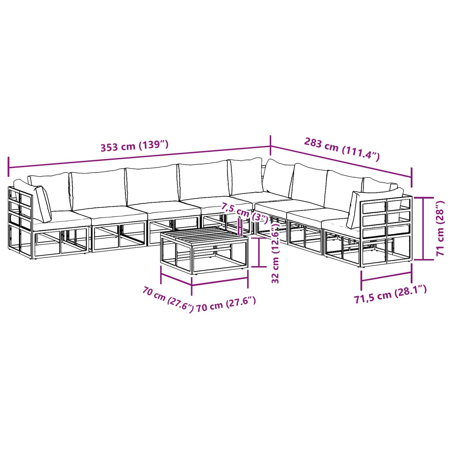 Gartensofa-set 9 stk. Schwarz Aluminium