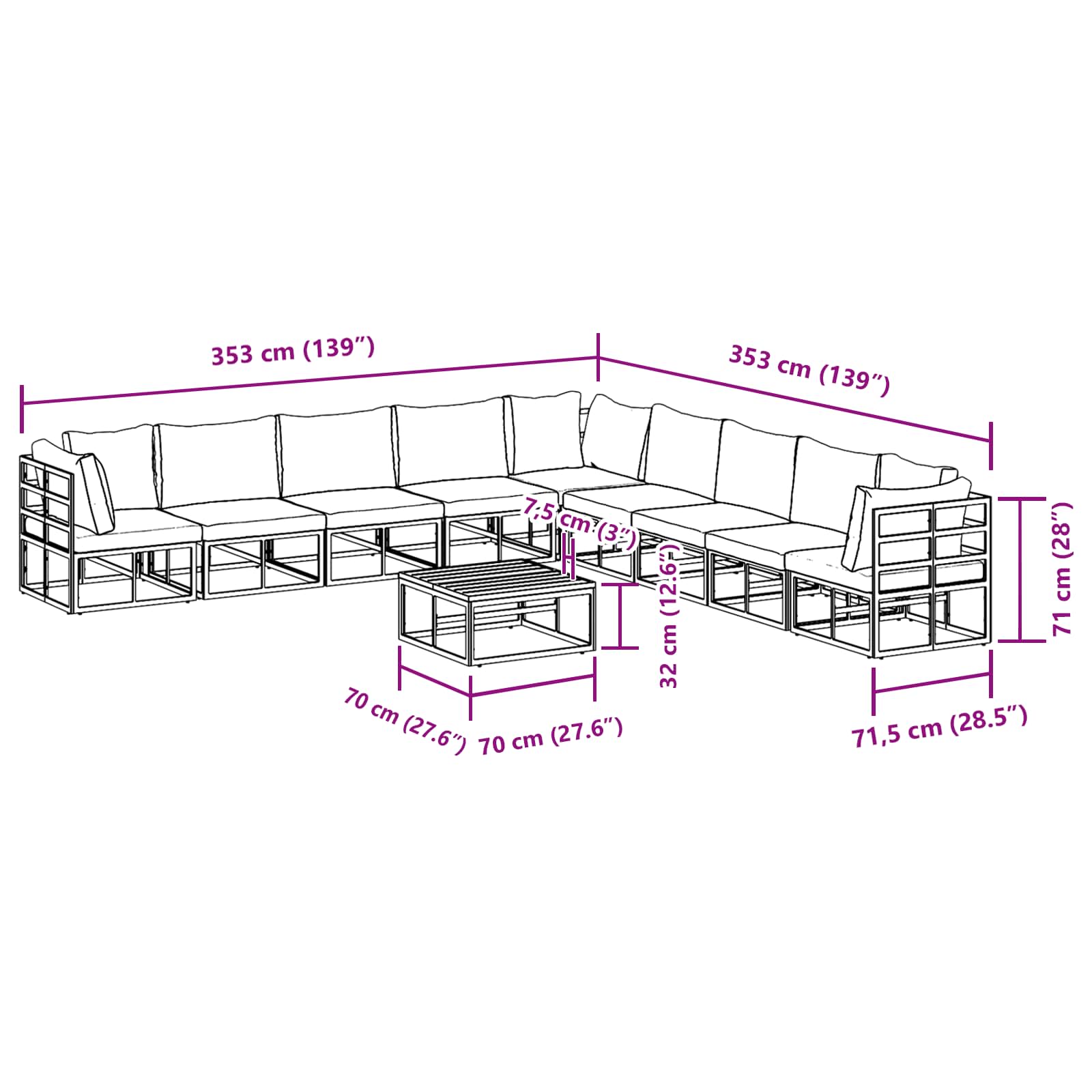 Gartensofa-set 10 stk. Schwarz Aluminium