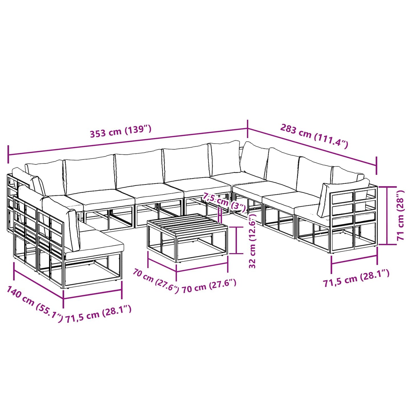 Gartensofa-set 11 stk. Schwarz Aluminium