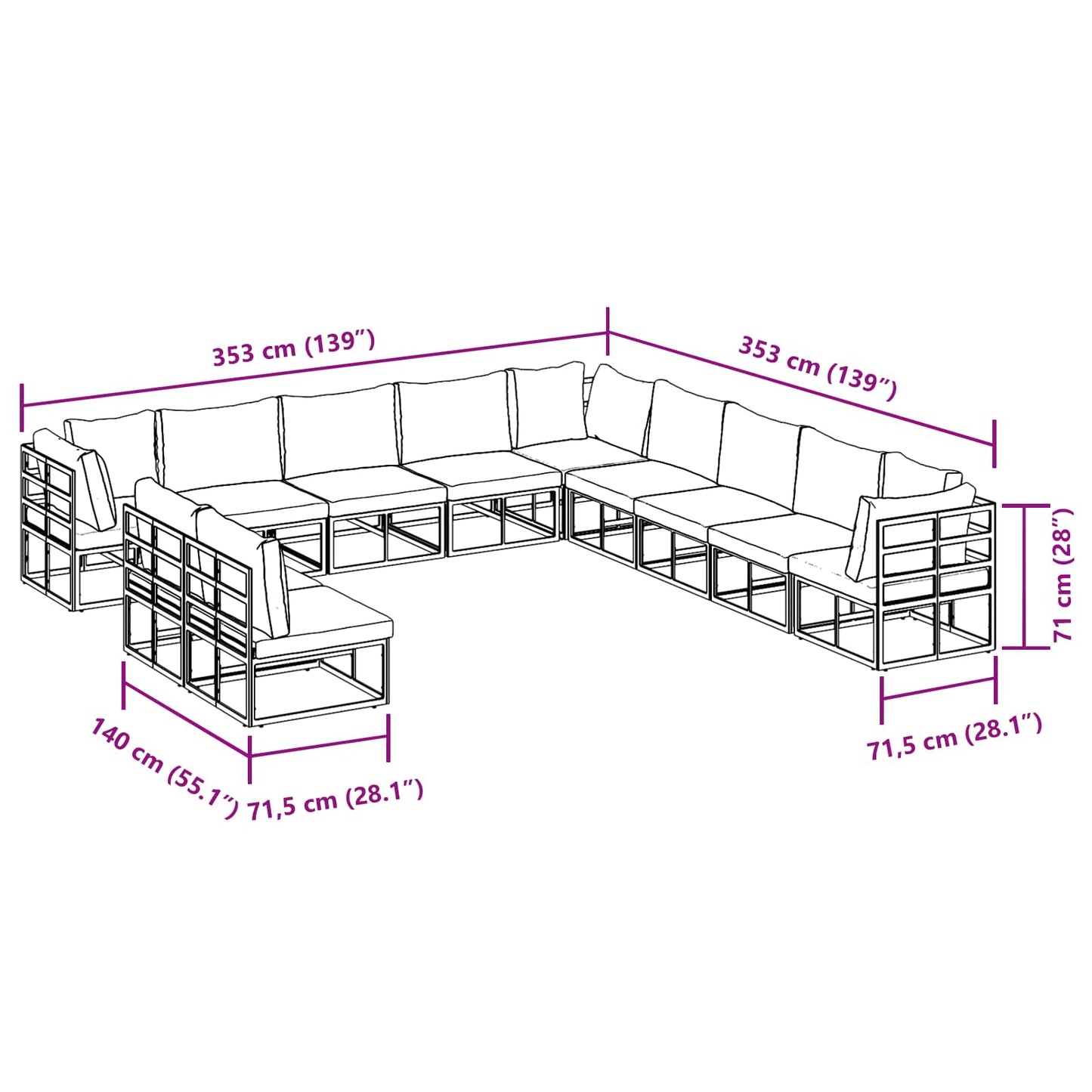 Gartensofa-set 11 stk. Schwarz Aluminium