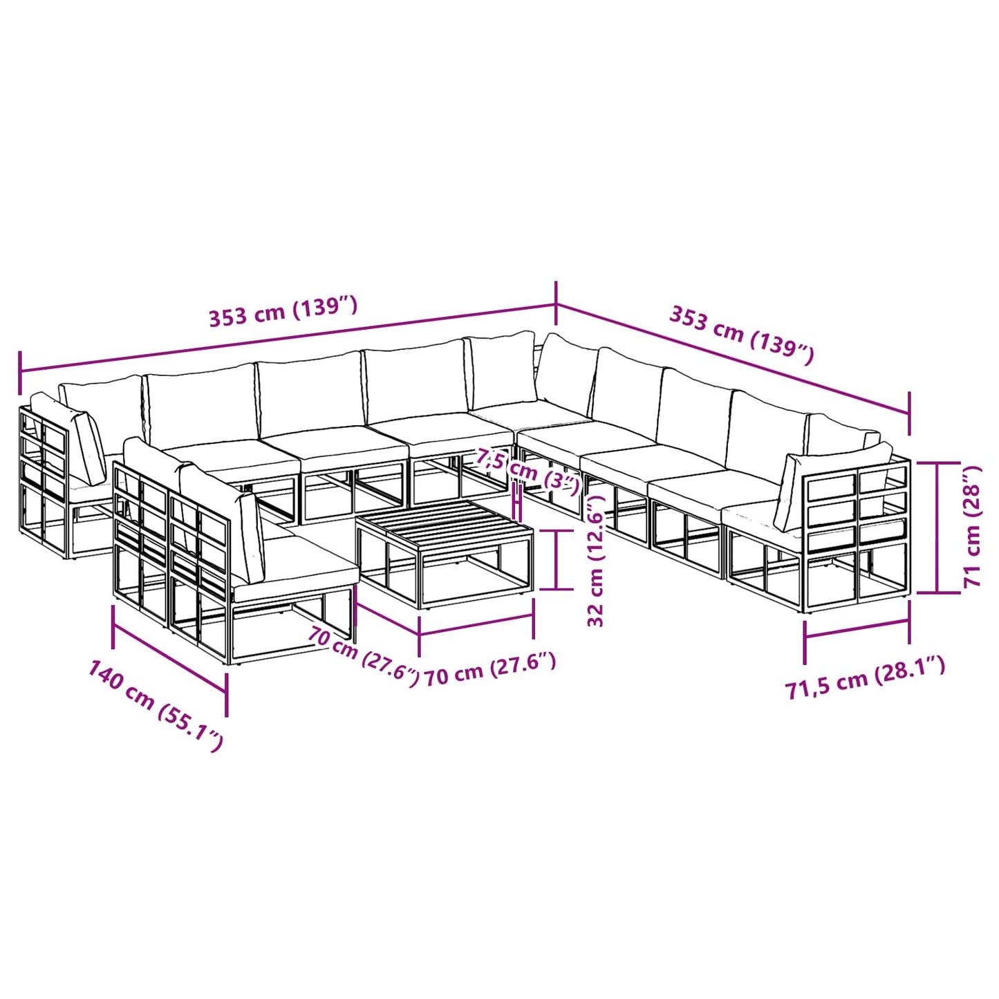 Gartensofa-set 12 stk. Schwarz Aluminium