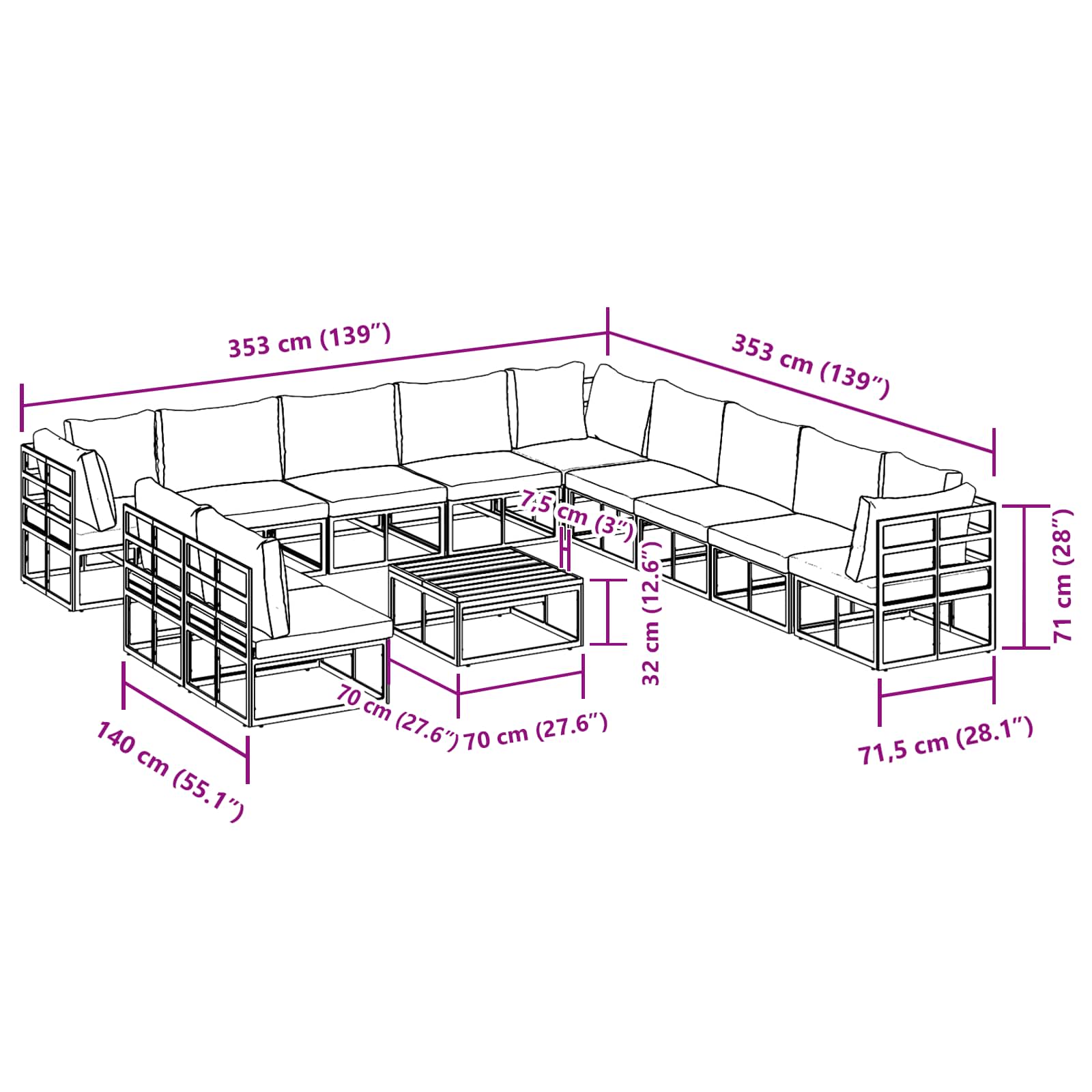 Gartensofa-set 12 stk. Schwarz Aluminium