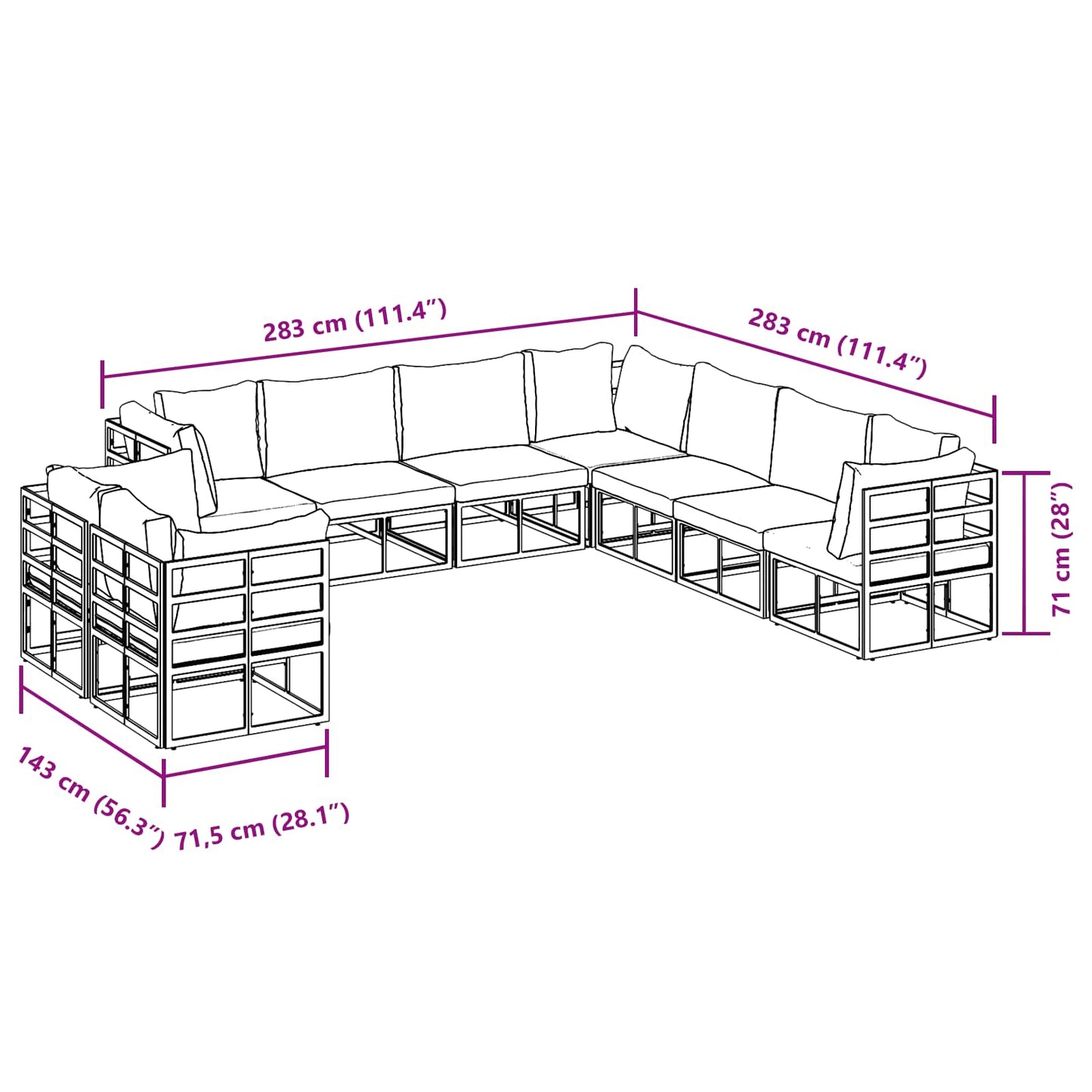 Gartensofa-set mit Kissen 9 pcs Schwarz Aluminium