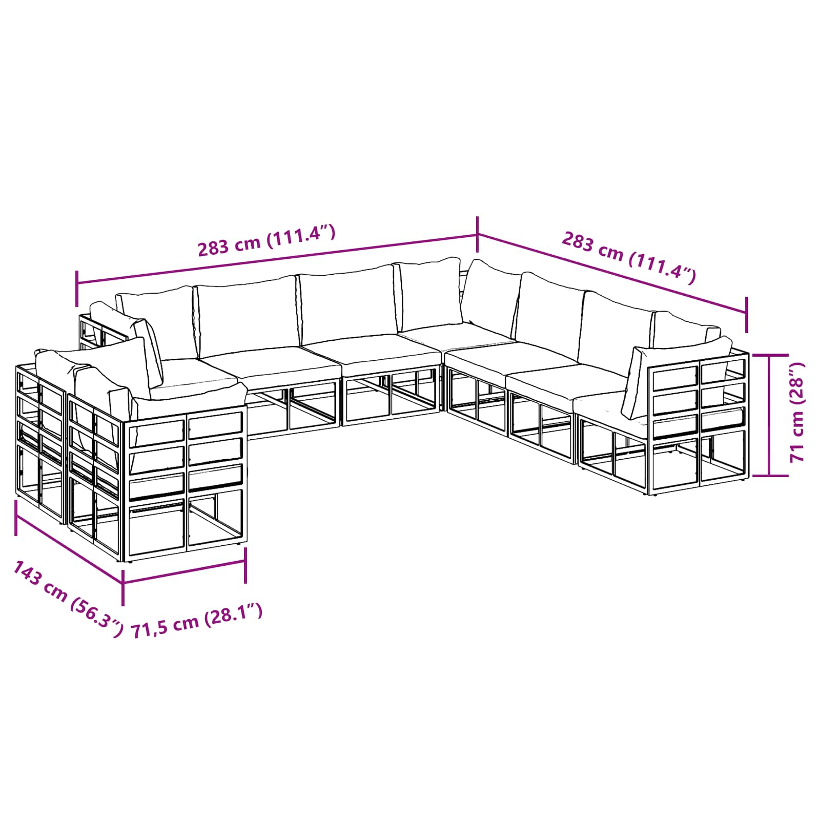 Gartensofa-set mit Kissen 9 pcs Schwarz Aluminium