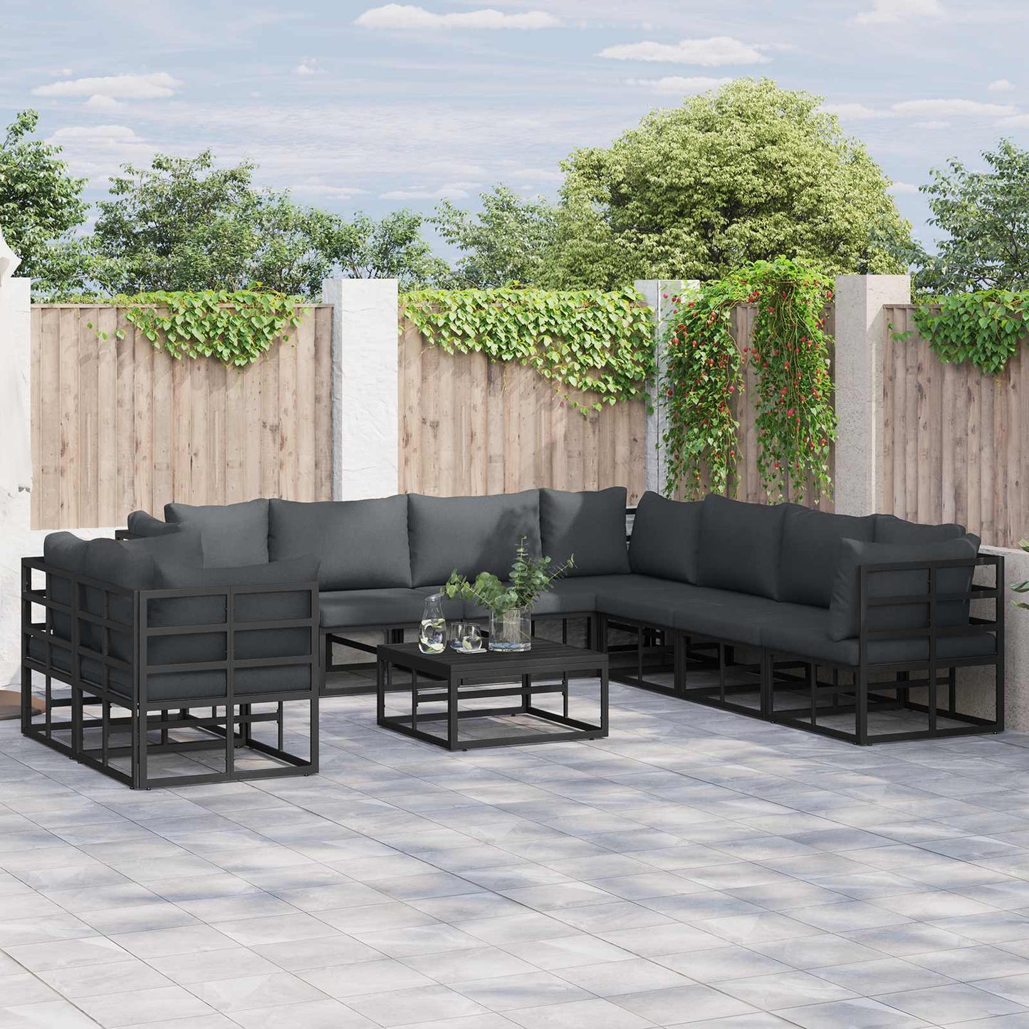 Gartensofa-set mit Kissen 10 pcs Schwarz Aluminium