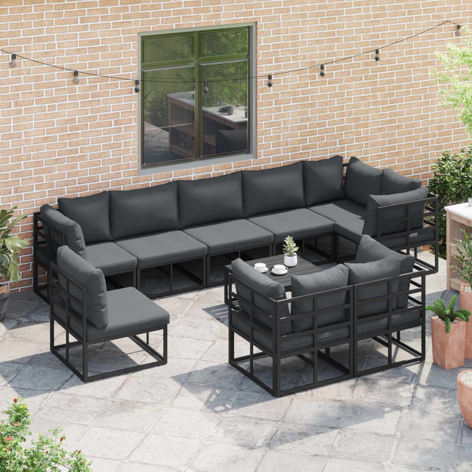 Gartensofa-set mit Kissen 10 pcs Schwarz Aluminium