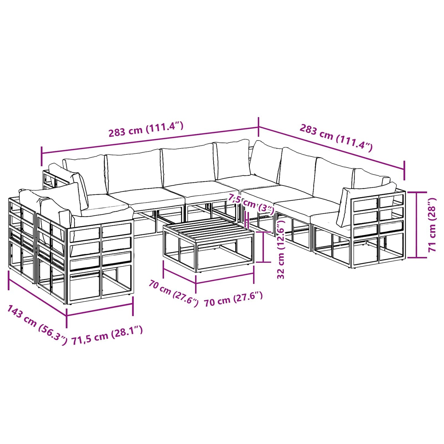 Gartensofa-set mit Kissen 10 pcs Schwarz Aluminium