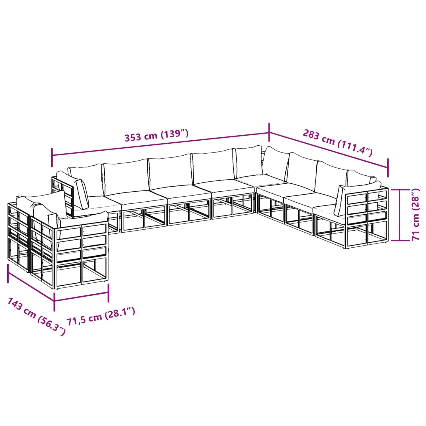 Gartensofa-set mit Kissen 10 pcs Schwarz Aluminium