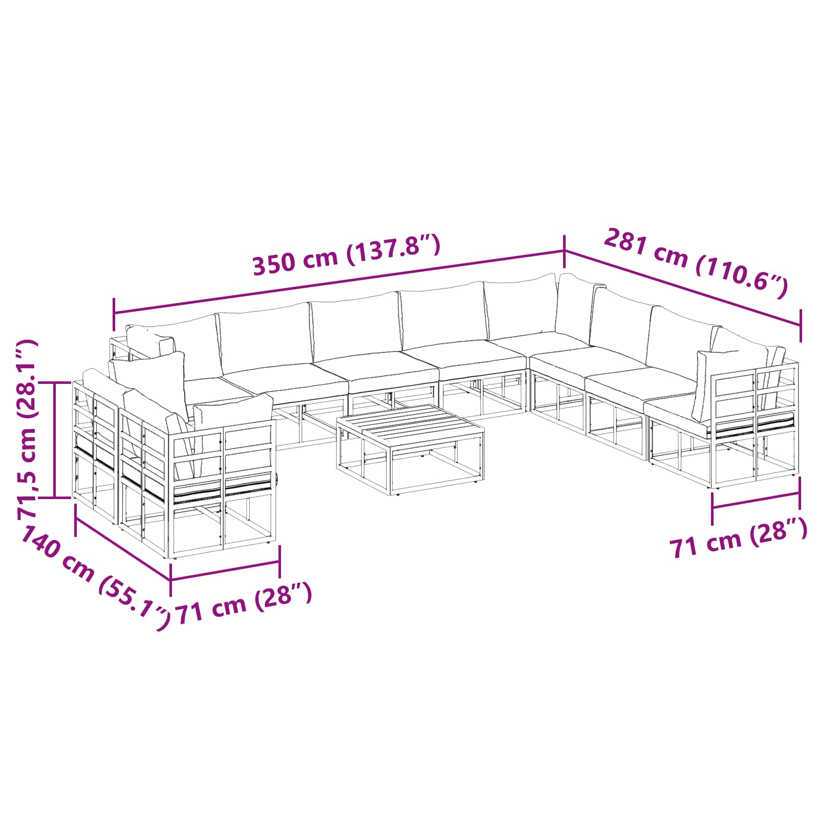 Gartensofa-set mit Kissen 11 pcs Schwarz Aluminium