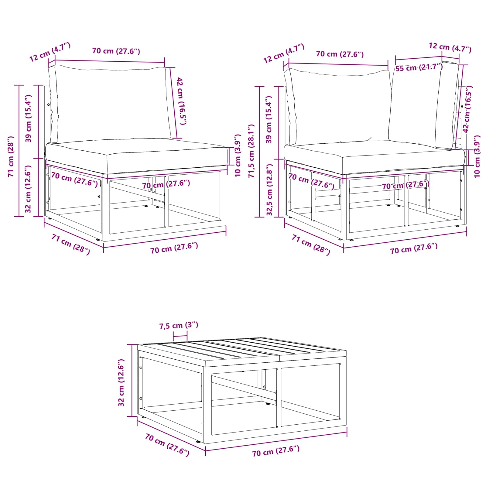 Gartensofa-set mit Kissen 11 pcs Schwarz Aluminium
