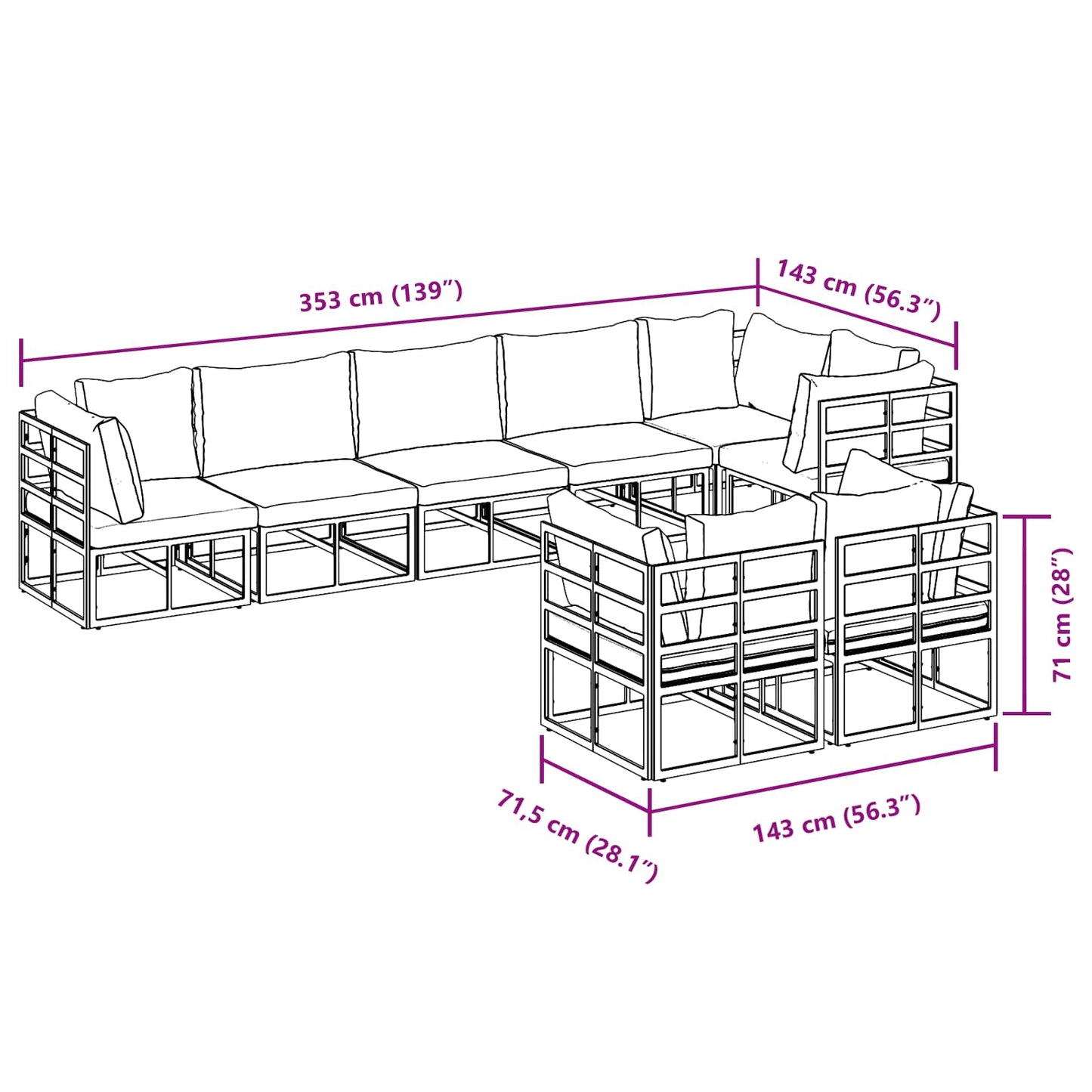 Gartensofa-set mit Kissen 8 pcs Schwarz Aluminium