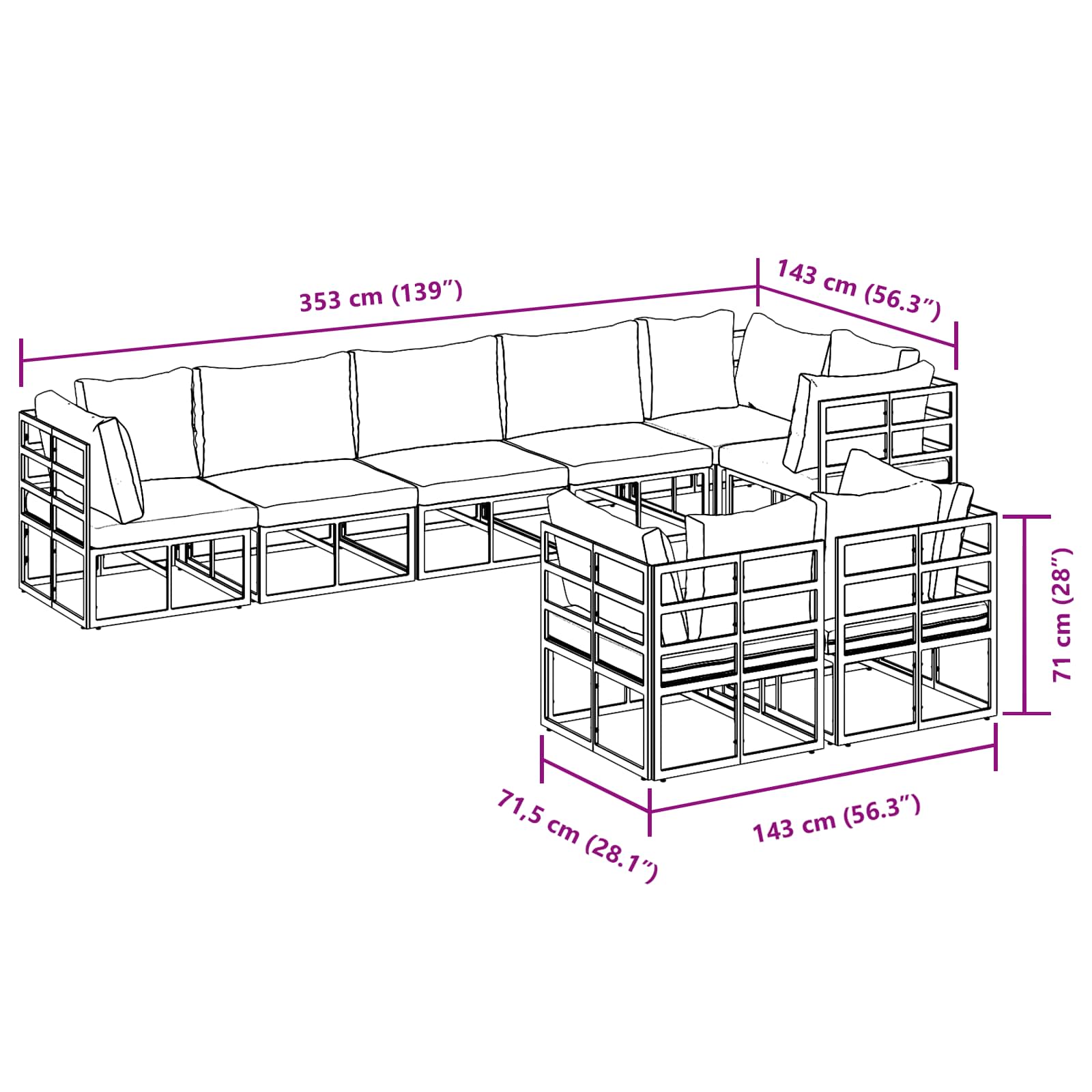 Gartensofa-set mit Kissen 8 pcs Schwarz Aluminium