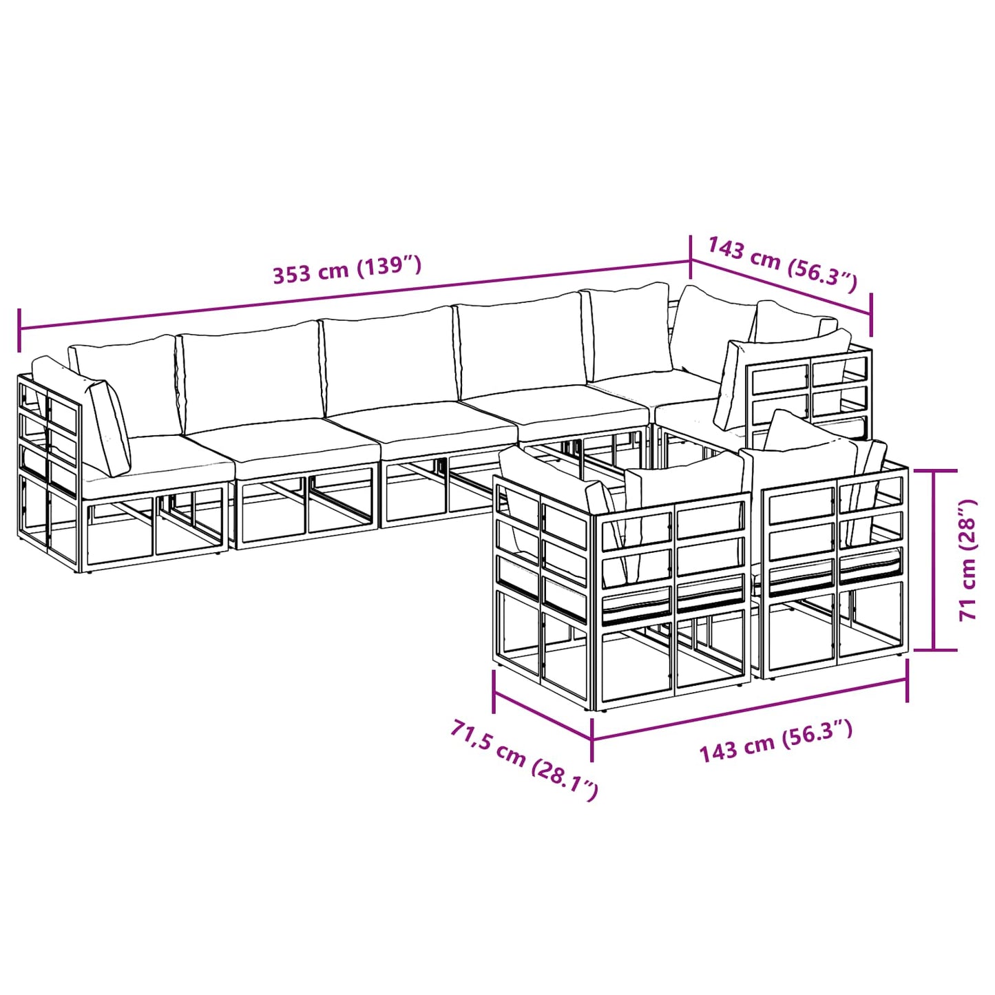 Gartensofa-set mit Kissen 9 pcs Schwarz Aluminium