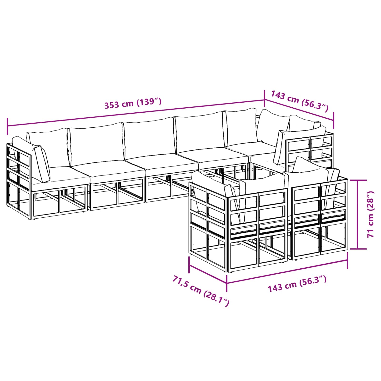 Gartensofa-set mit Kissen 9 pcs Schwarz Aluminium