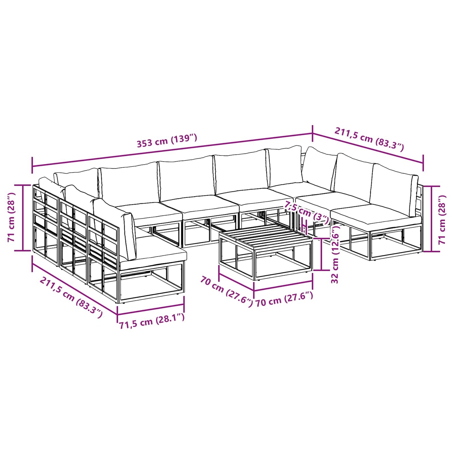 Gartensofa-set mit Kissen 10 pcs Schwarz Aluminium