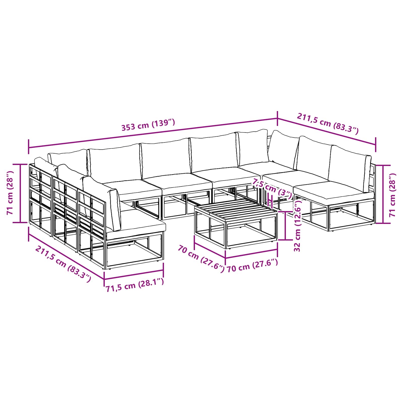 Gartensofa-set mit Kissen 10 pcs Schwarz Aluminium