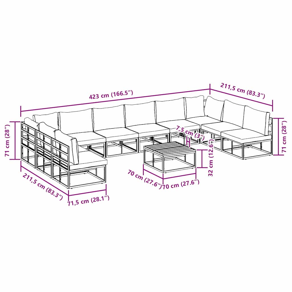Gartensofa-set mit Kissen 11 pcs Schwarz Aluminium