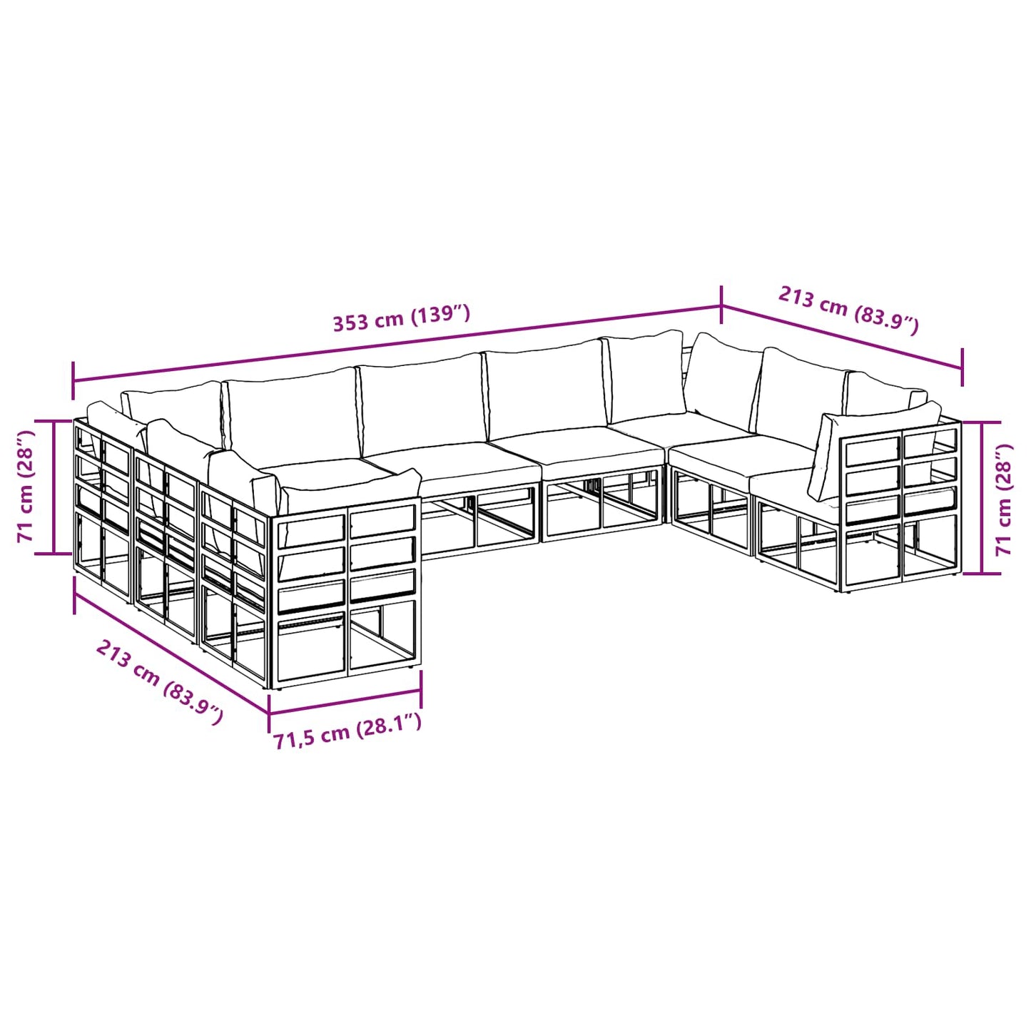 Gartensofa-set mit Kissen 9 pcs Schwarz Aluminium