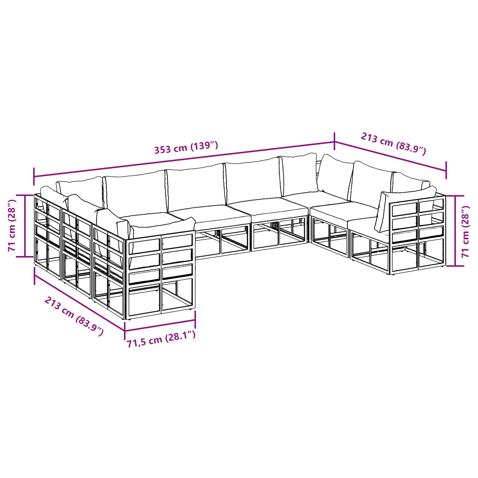 Gartensofa-set mit Kissen 9 pcs Schwarz Aluminium