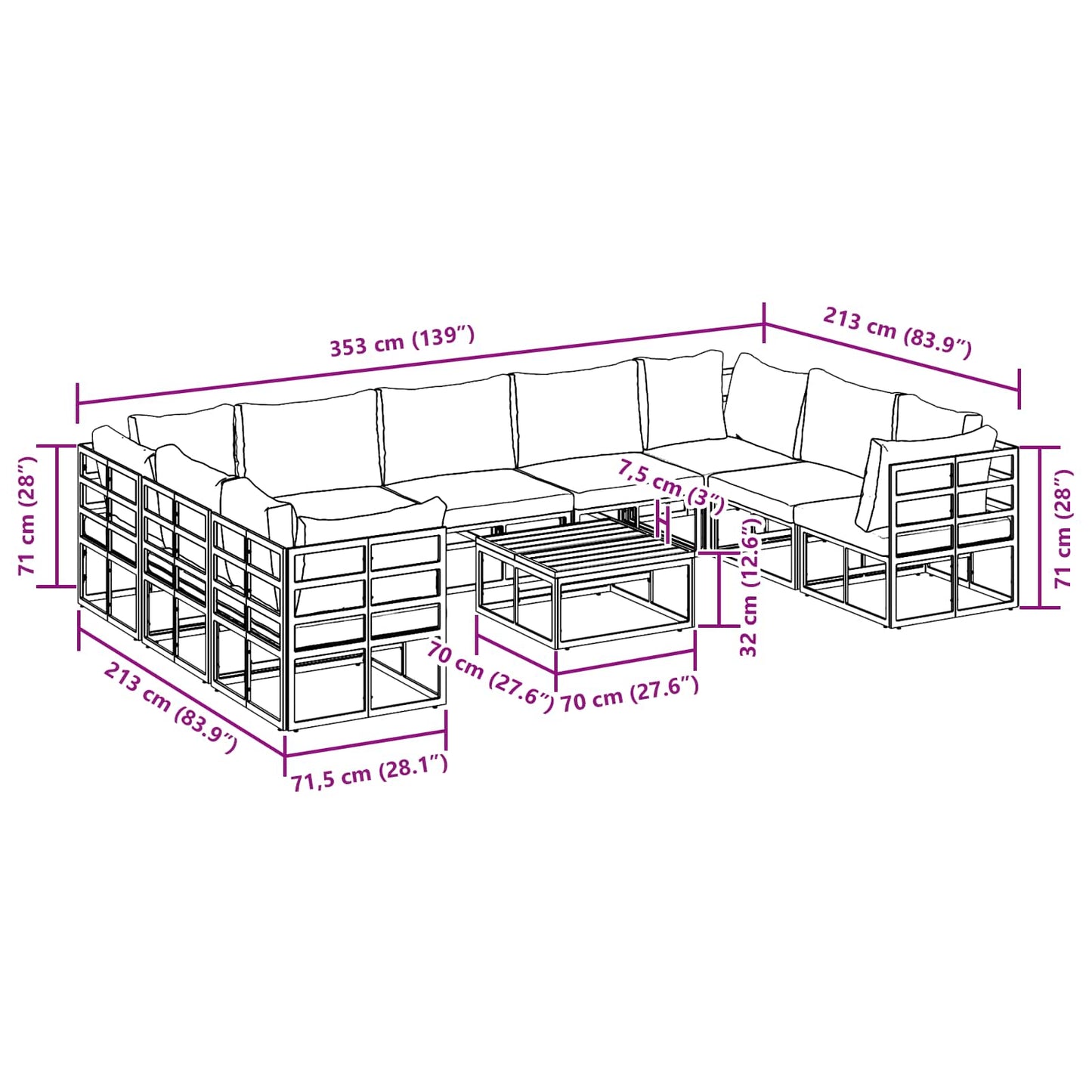Gartensofa-set mit Kissen 10 pcs Schwarz Aluminium