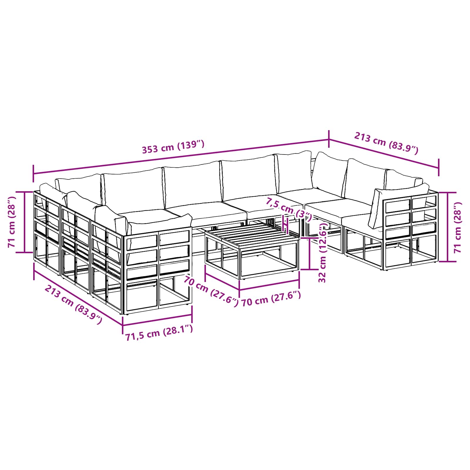Gartensofa-set mit Kissen 10 pcs Schwarz Aluminium