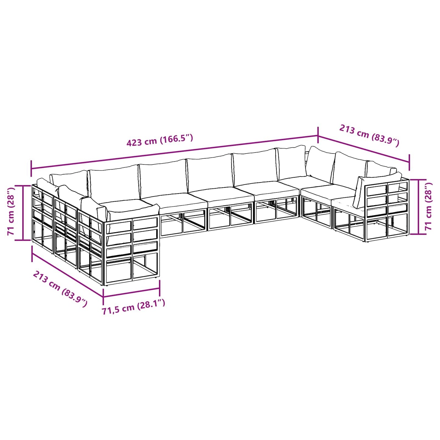 Gartensofa-set mit Kissen 10 pcs Schwarz Aluminium