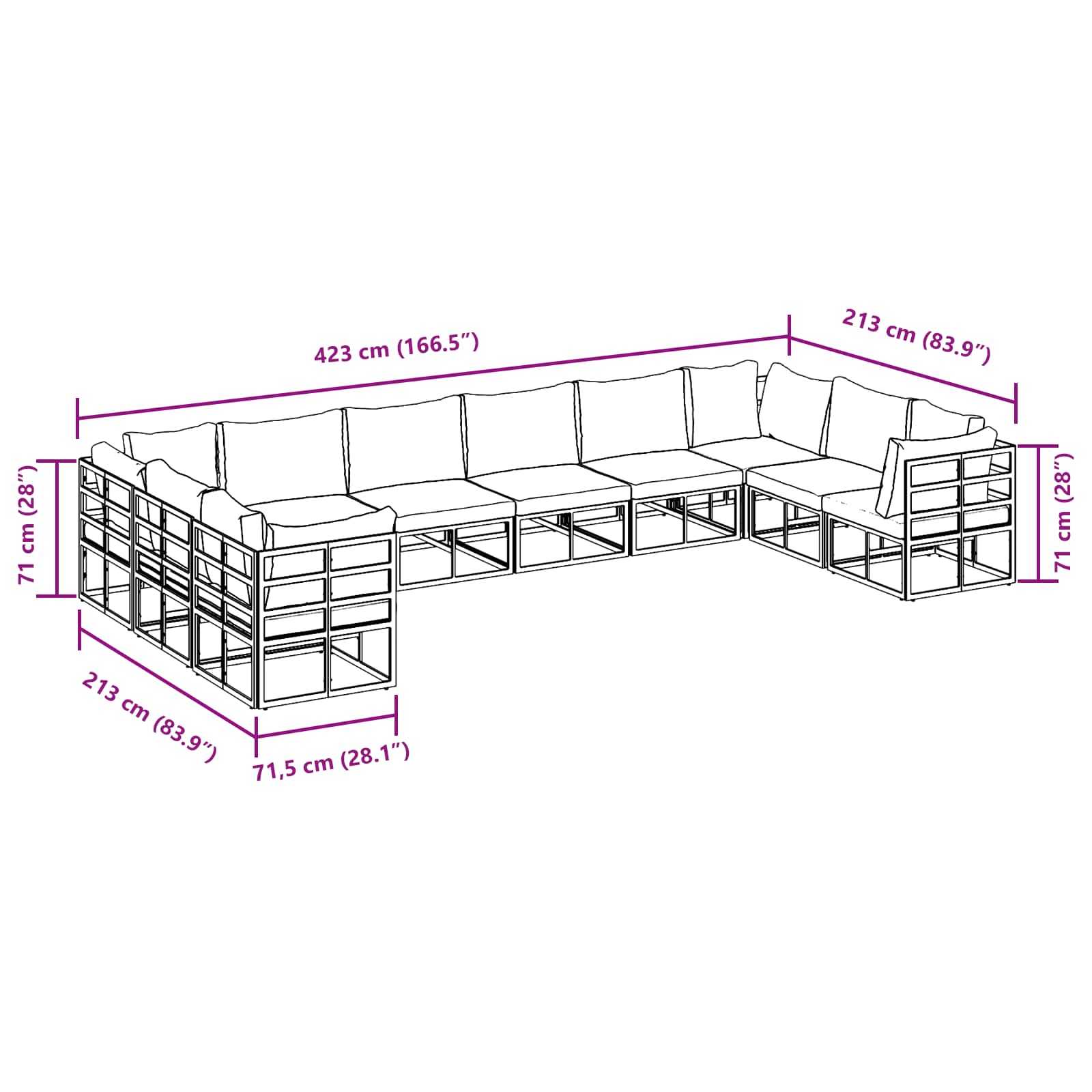 Gartensofa-set mit Kissen 10 pcs Schwarz Aluminium