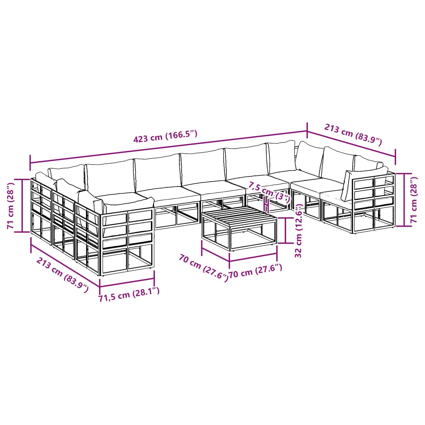 Gartensofa-set mit Kissen 11 pcs Schwarz Aluminium