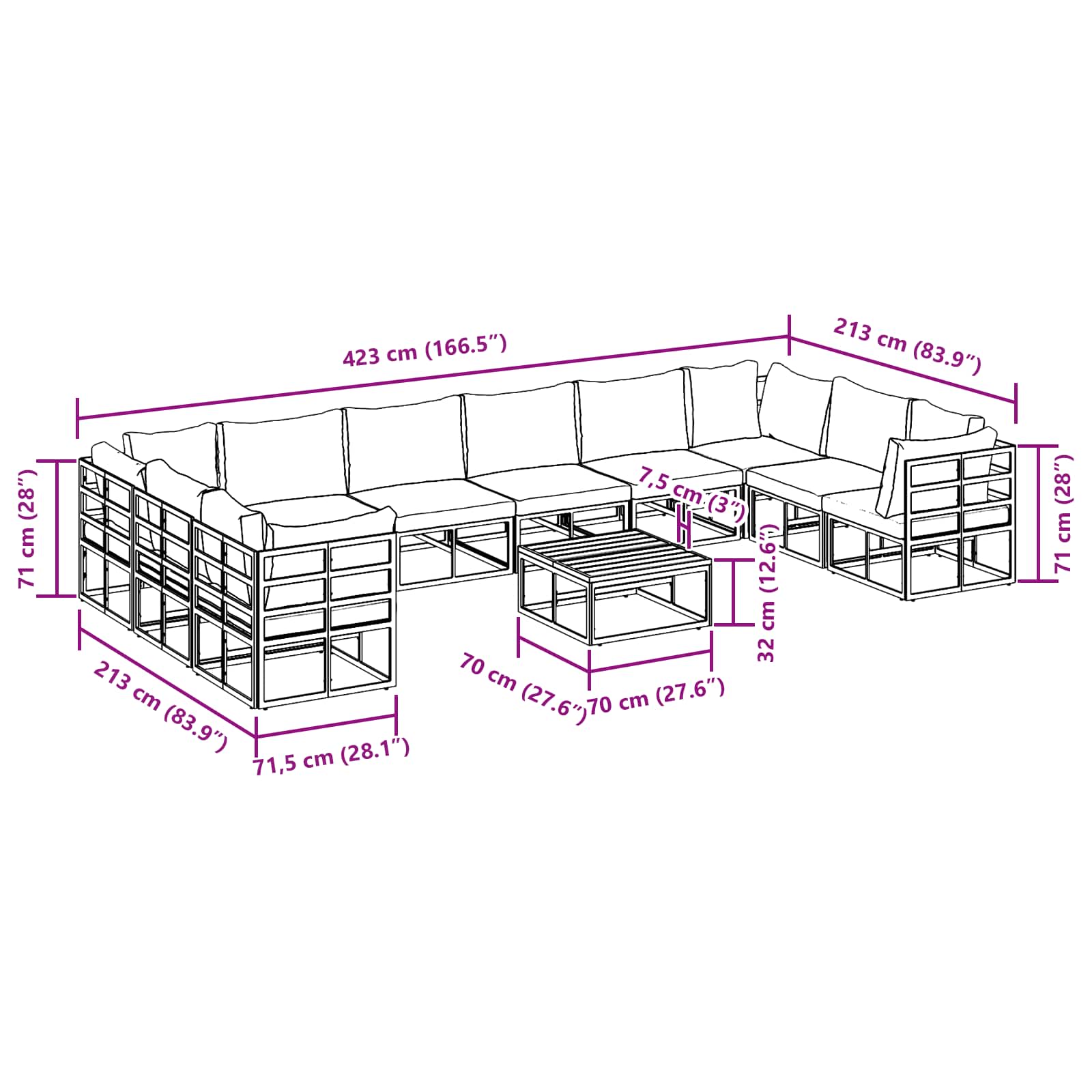 Gartensofa-set mit Kissen 11 pcs Schwarz Aluminium