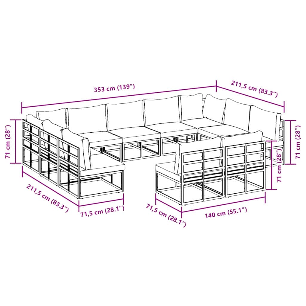 Gartensofa-set mit Kissen 11 pcs Schwarz Aluminium