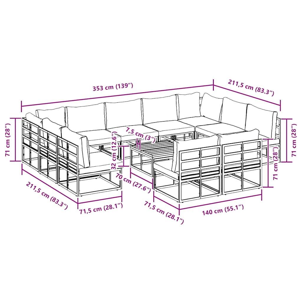 Gartensofa-set mit Kissen 12 pcs Schwarz Aluminium