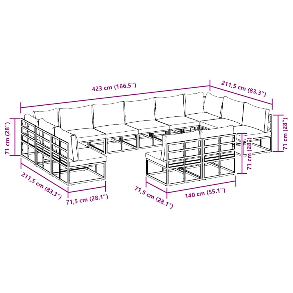 Gartensofa-set 12 stk. Schwarz Aluminium