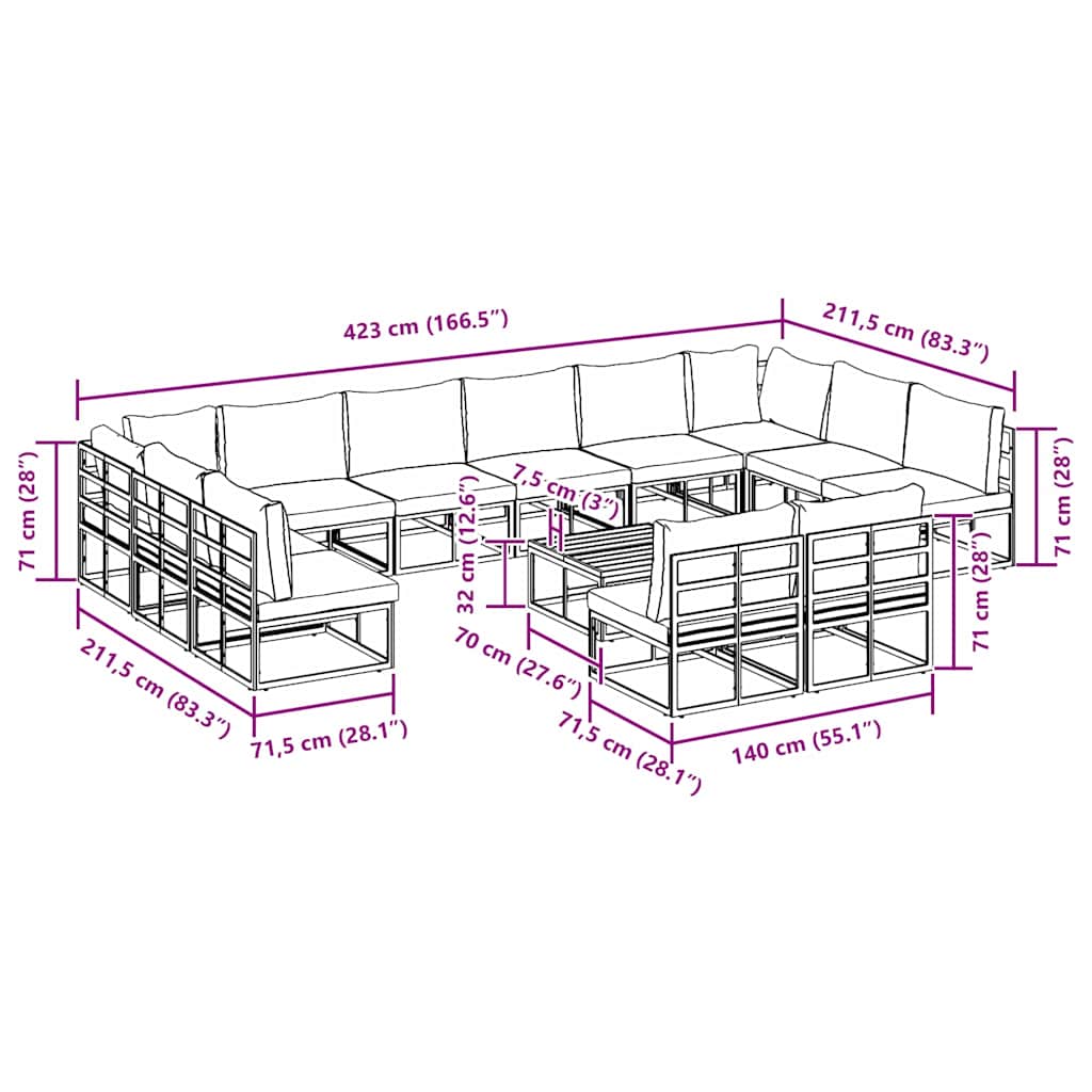 Gartensofa-set 13 stk. Schwarz Aluminium