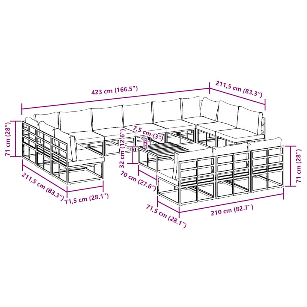 Gartensofa-set 14 stk. Schwarz Aluminium