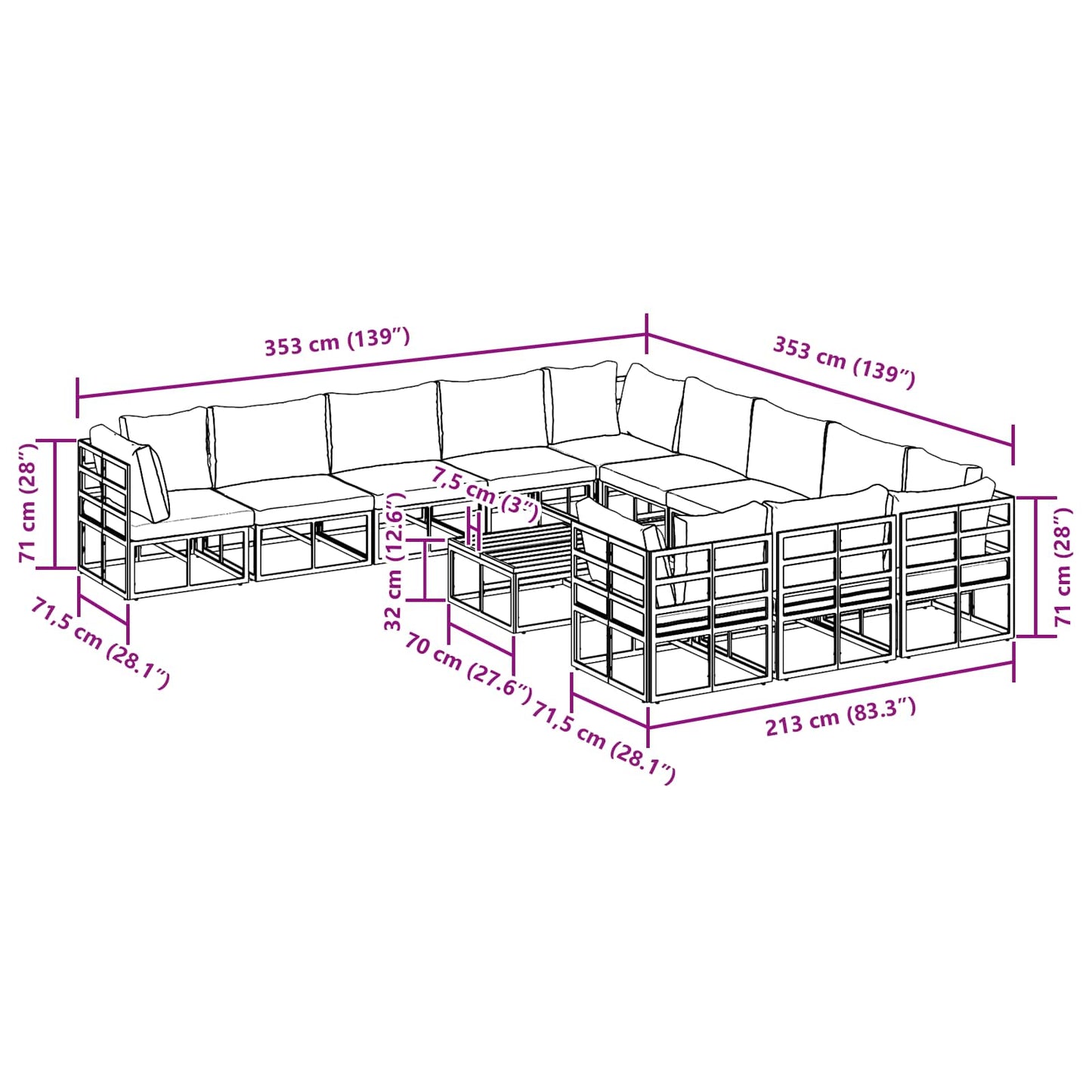 Gartensofa-set 12 stk. Schwarz Aluminium