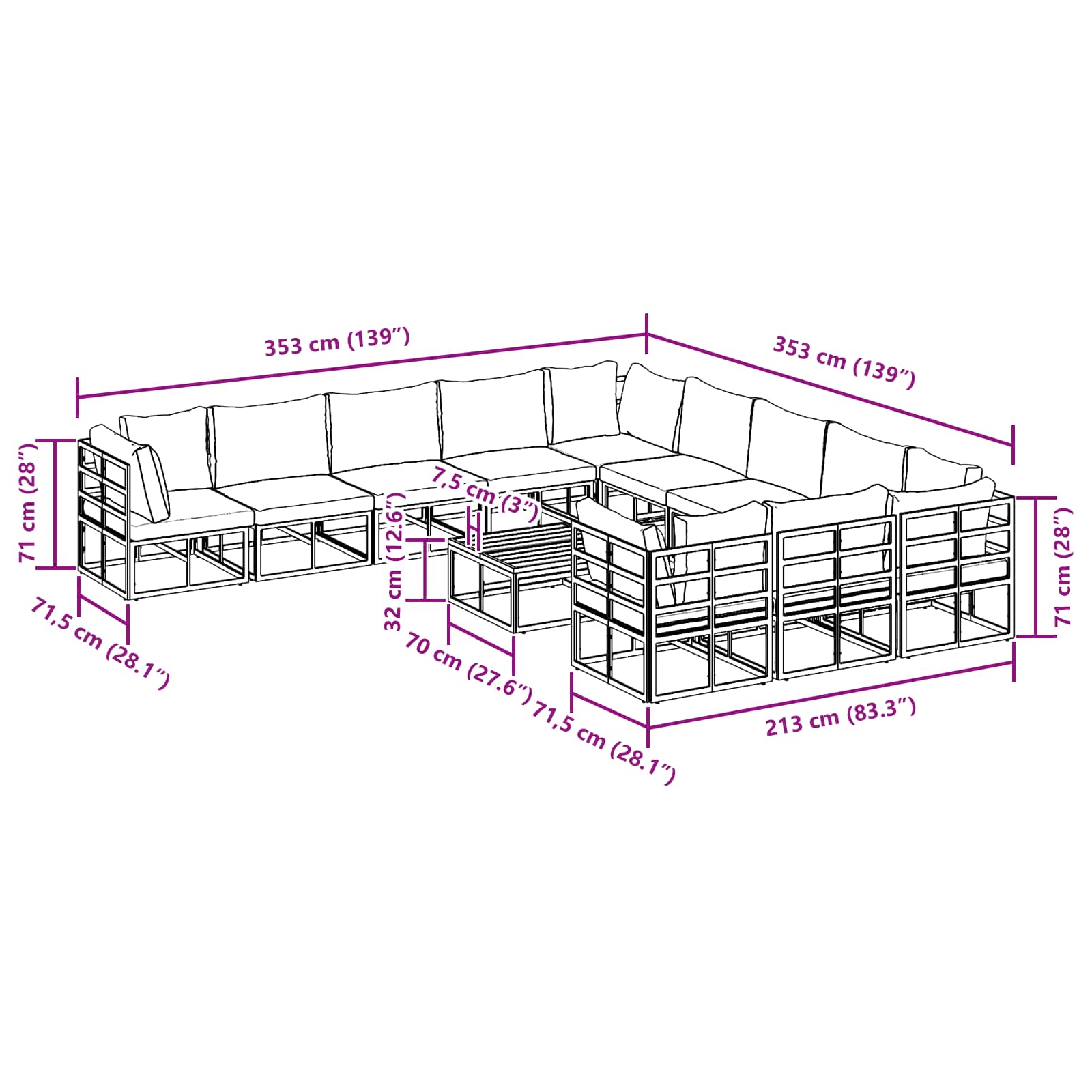 Gartensofa-set 12 stk. Schwarz Aluminium
