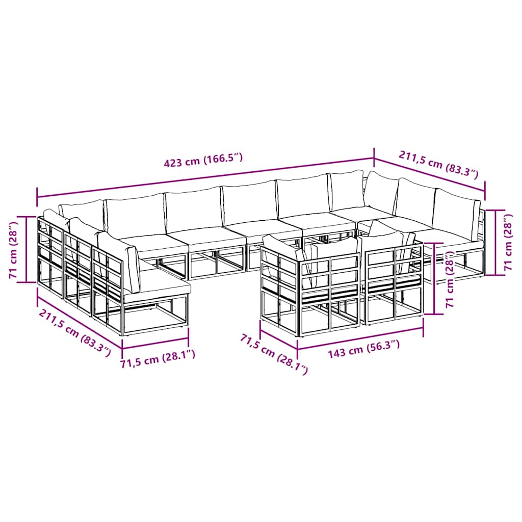 Gartensofa-set 12 stk. Schwarz Aluminium