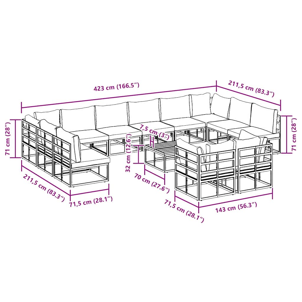 Gartensofa-set 13 stk. Schwarz Aluminium
