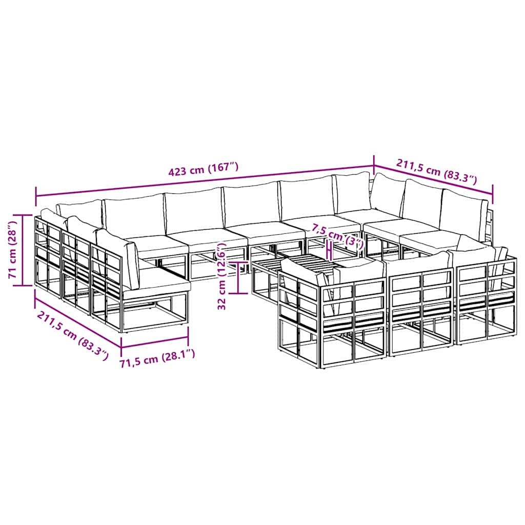 Gartensofa-set 14 stk. Schwarz Aluminium