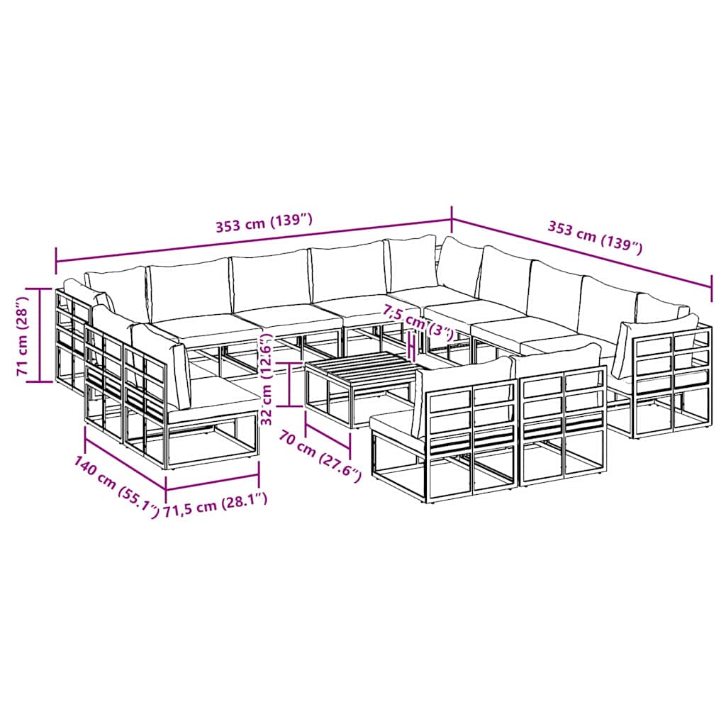 Gartensofa-set 14 stk. Schwarz Aluminium